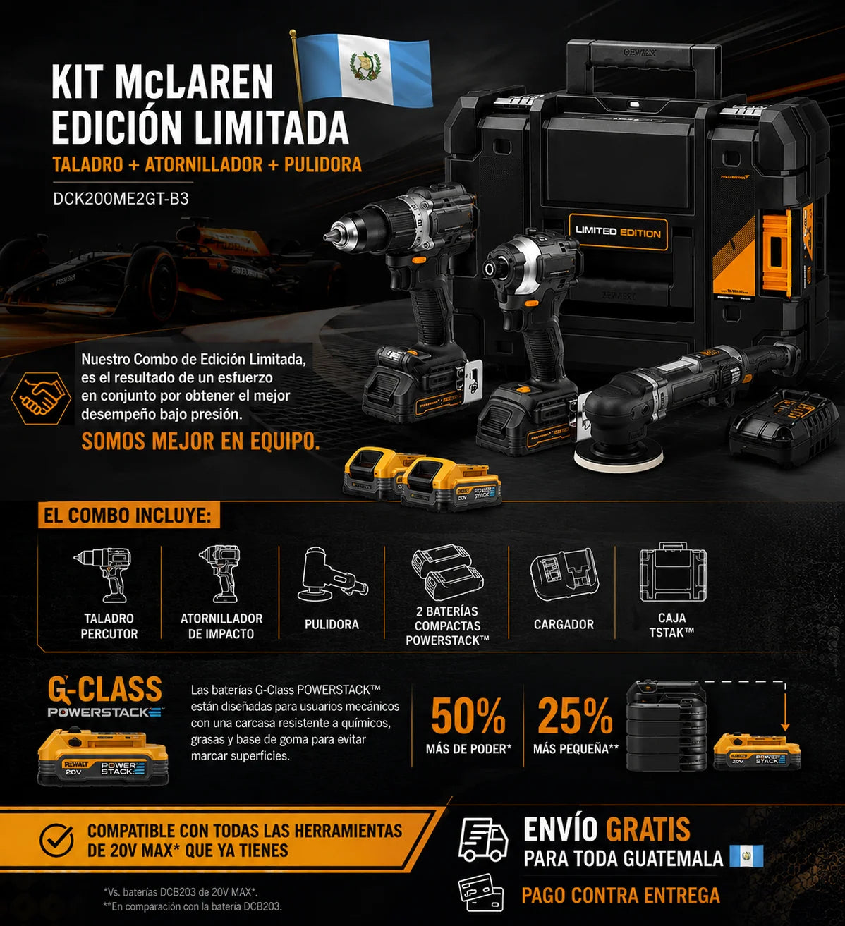 Kit MClaren Dewalt Edicion Limitada Taladro Atornillador + Pulidora Dck200me2gt-b3 TT