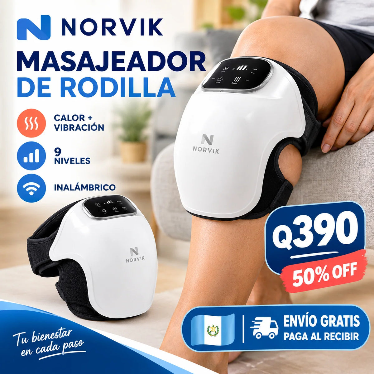 Norvik - Masajeador de Rodilla Inalámbrico con Calor y Vibración — 9 Niveles