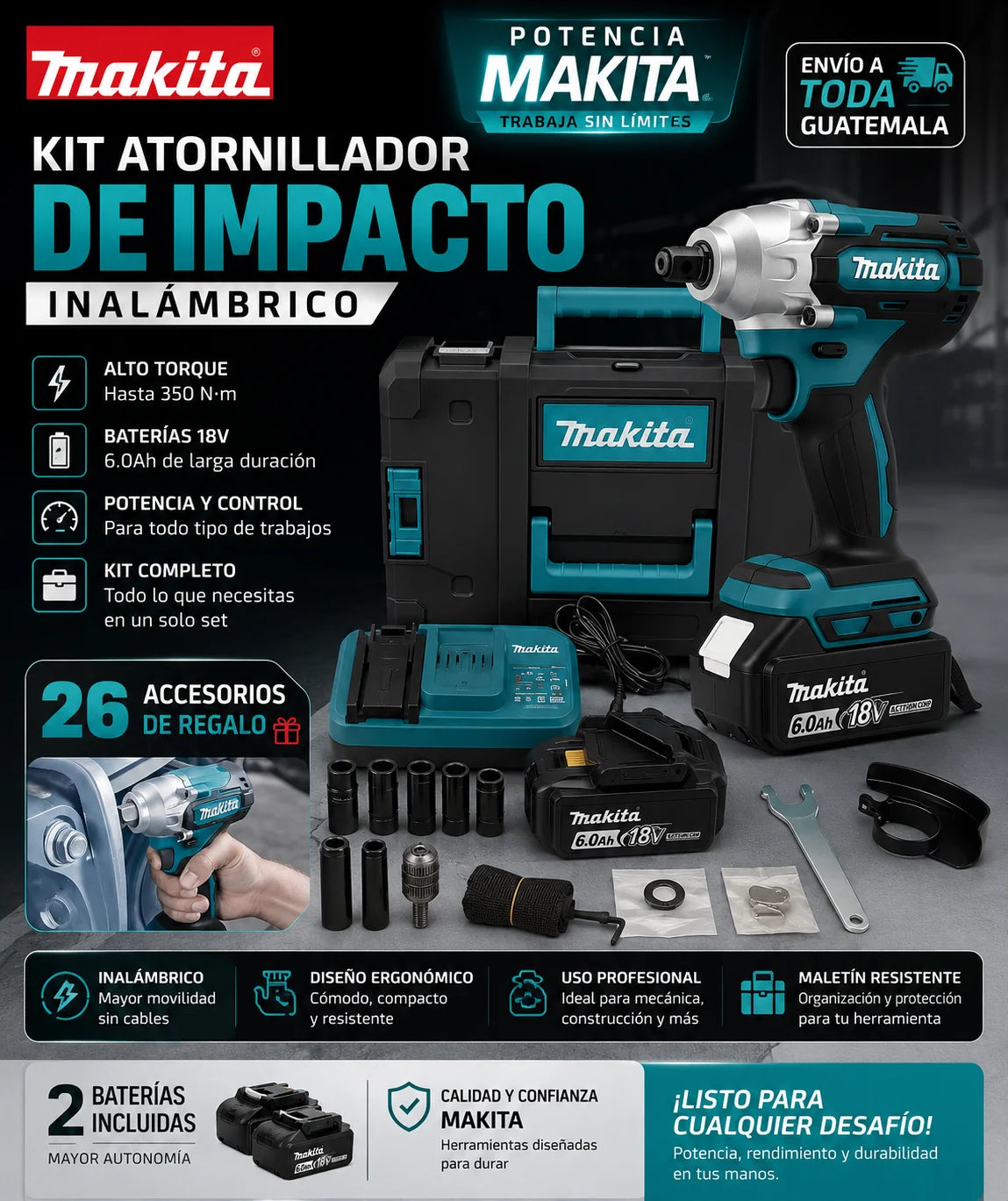 Kit Atornillador Pistola de Impacto Inalámbrico Makita + 2 Baterías y 26 Accesorios Regalo