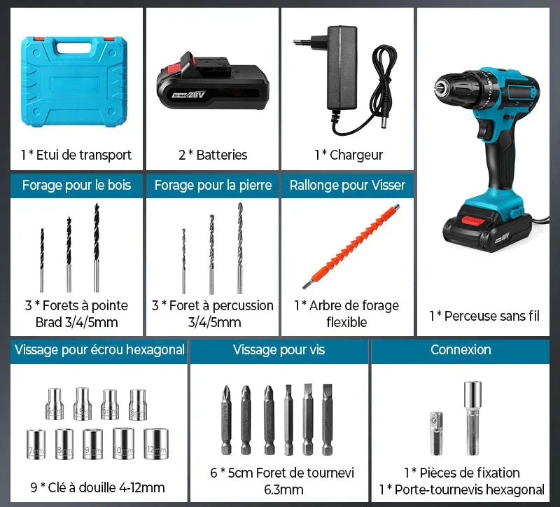 [2X1 OFERTA BLACK FRIDAY] - KIT TALADRO INALÁMBRICO y IMPACTO + 26 ACCESORIOS + 2 BATERIAS REGALO